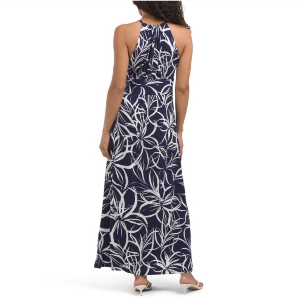 London Times Maxi Dress Navy Blue White Floral Print 14 Stretchy Soft Flowers - Picture 2 of 6